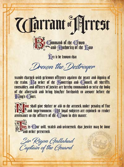 Warrant of Arrest - A Dungeons and Dragons Handout and Document by the Thieves Guild