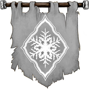The Symbol of Auril - A white snowflake in a gray diamond (a heraldic lozenge) with a white border 