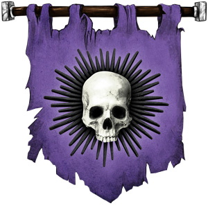 The Symbol of Cyric - White jawless skull on black or purple sunburst