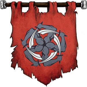 The Symbol of Garagos - A pinwheel of five snaky arms clutching swords