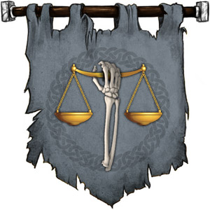 The Symbol of Kelemvor - Upright skeleton arm holding the scales of justice