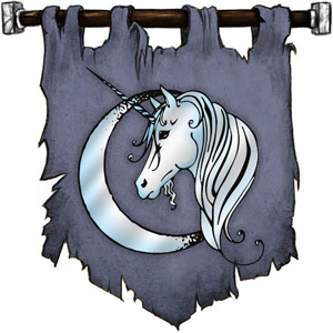 The Symbol of Lurue - Silver-horned unicorn head before a crescent moon